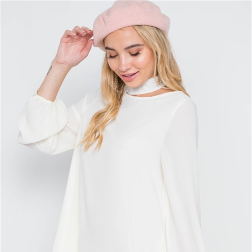 Off White Cut-Out Neck Solid Long Sleeve Dress